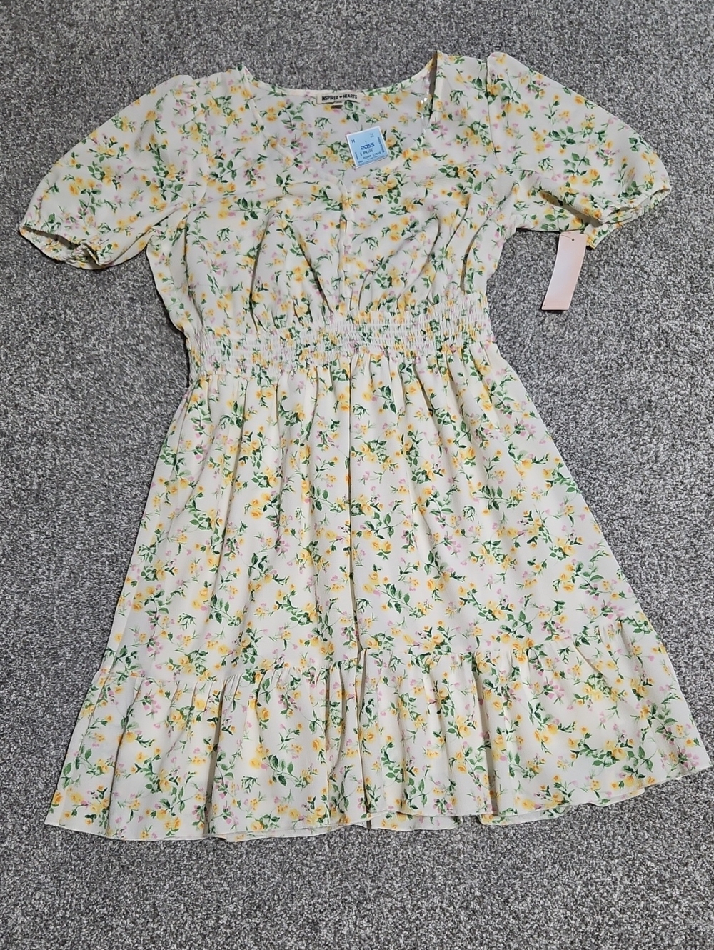 Inspired Hearts Cream Yellow Floral Smocked Midi Dress